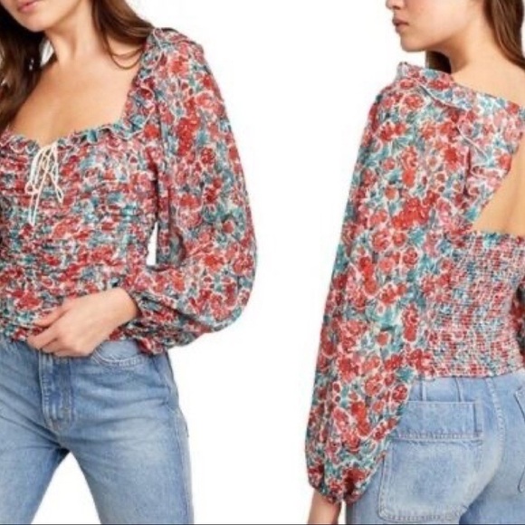 NWT FREE PEOPLE Mable Bustier Long Sleeve Sweetheart Floral Red Top XS - Picture 1 of 5